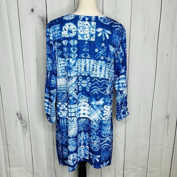 Tango Mango Blue Patterned 3/4 Sleeve V-Neck Tunic Blouse Women's Sz L India - Picture 9 of 11